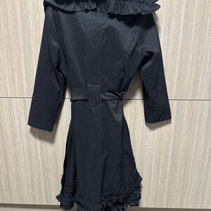 Samuel Dong Black Ruffle Trench Coat Dress Jacket Belted Size Small